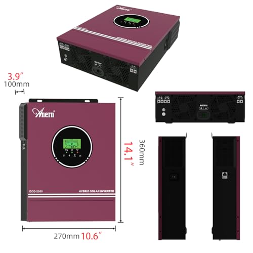 Anern 2000W 2KW Solar Wechselrichter Hybrid 12VDC bis 230VAC 2000W, Integrierter MPPT 80A Solar Ladegerät, Max. 400V PV Eingangsspannung, Betrieb mit Blei- und Lithium-Batterien (2KW)