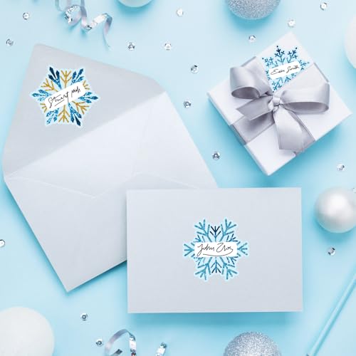 Image of Whaline 90Pcs Christmas Winter Name Tag Stickers Blue Gold Snowflake Shape Nameplates Xmas Self-Adhesive Gift Label Decals for Holiday Present Students Desk Classroom, 9 Designs