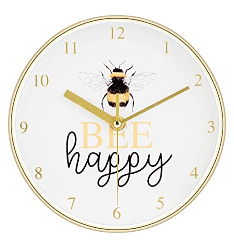 UK-HOME-BARGAINS 20cm BUMBLE BEE Small Round Wall Clock Polished Yellow Gold Effect Be Happy