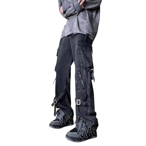 Baggy Jeans Men Washed Techwear Jeans Punk Relaxed Fit Streetwear for Skater Denim Pants with Side Pockets