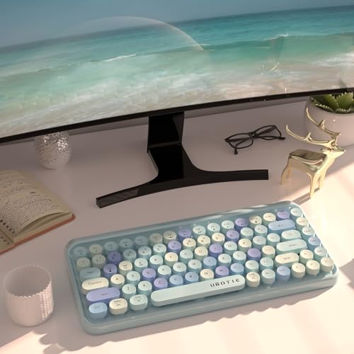 Image of UBOTIE Portable Bluetooth Colorful Computer Keyboards, Wireless Mini Compact Retro Typewriter Flexible 84Keys Design Keyboard (New Blue Colorful)