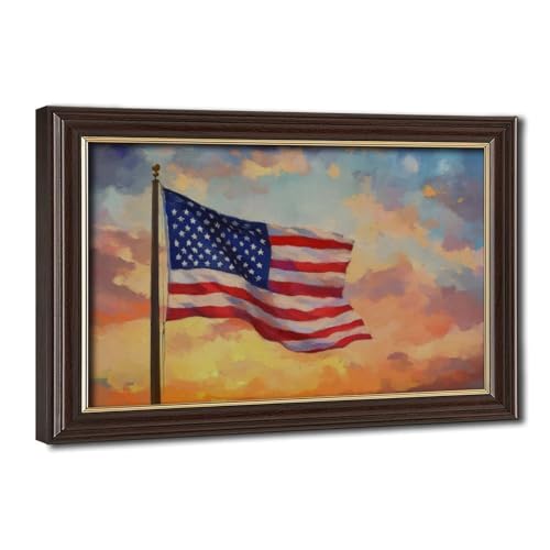 Patriotic 4th of July American Flag Canvas Wall Art, Rustic Wood Grain Frame Decor, Independence Day Sunset Painting Picture Print for Living Room Office Wall Decoration, 12x8 Inch