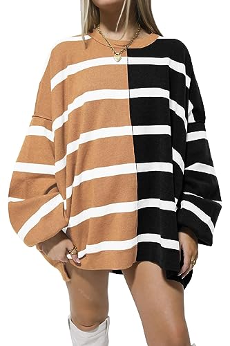 LAYOGAS Womens Color Block Sweaters Crewneck Long Sleeve Striped Pullover Sweater Casual Loose Knit Jumper Tops