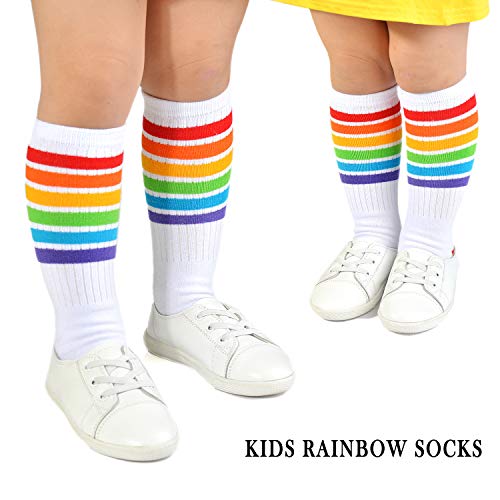 Image of Epeius Baby Girl Rainbow Striped Knee High Socks Non-Skid Uniform Tube Stockings for Infant,Toddler and Child