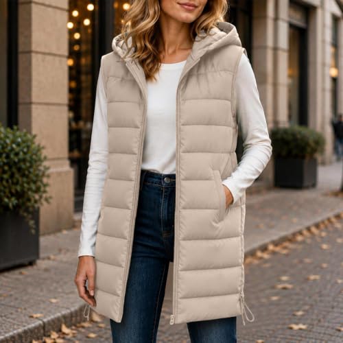XOGWVJ Plus Size Long Puffer Vest for Curvy Women Long Vest for Women Hooded Puffer Sleeveless Quilted Winter Coat Zip Up Mid Length Jacket with Pockets Fall Clothes Khaki S — view 2