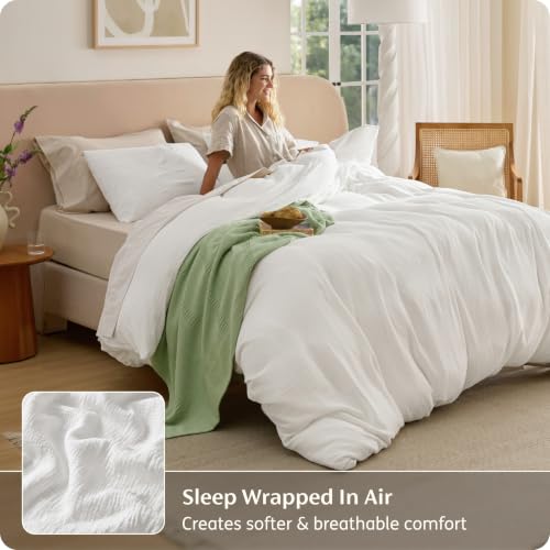 Image of Bedsure 100% Muslin Cotton Duvet Cover King Size - Ultra-Soft Gauze Duvet Cover, PureWoven Breathable & Lightweight Bedding Set with Button Closure and Corner Ties (White, King, 104 inchx90 inch)