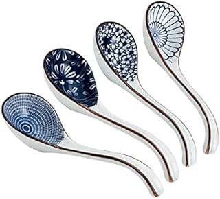 Ceramic Soup Spoons Sets of 4,Asian Soup Spoons,Long Ramen spoons,Japanese soup spoons for Pho,Wonton,Noodles,Chinese Ceramic Rice Spoons,4Pcs