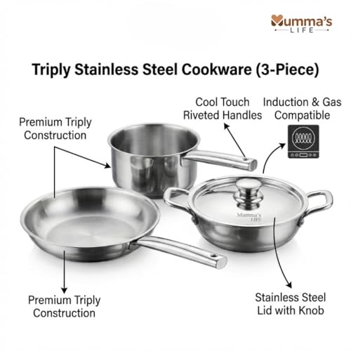 Image of Mumma's LIFE Triply Cookware Set | 4-Piece Stainless Steel Triply Cookware Set | Fry Pan 24 cm (1.6 L) | Kadai 24 cm (3 L) | Sauce Pan 16 cm (1.7 L) | Durable & Easy to Clean