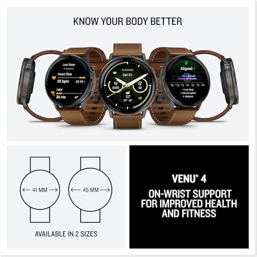 Image of Garmin Venu 4, 45mm, Advanced Health and Fitness GPS Smartwatch, Bright and Colorful Display, Built-in Flashlight, 12 Days of Battery Life, Slate with Black Silicone Band /Brown Leather Band