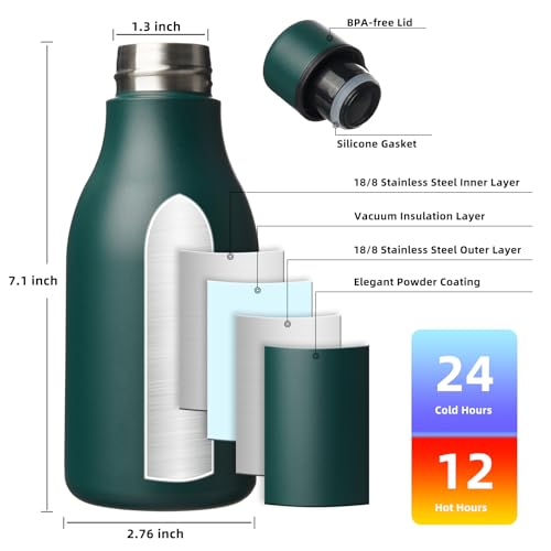 Image of BJPKPK Insulated Water Bottles, 12oz Stainless Steel Metal Water Bottle with Strap, BPA Free Leak Proof Jugs, Mugs, Flasks, Reusable Thermal Flasks for Sports & Travel, Army Green