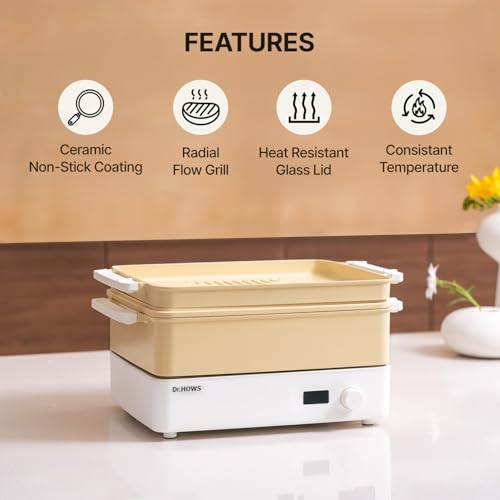 Dr.HOWS Doran Doran 3 in 1 Electric Skillet, Combo Multi Cooker, Rectangle Hot Pot Fryer Pan Griddle and Grill with Safe Nonstick Coating, Steady Heat, Glass Lid (yellow)