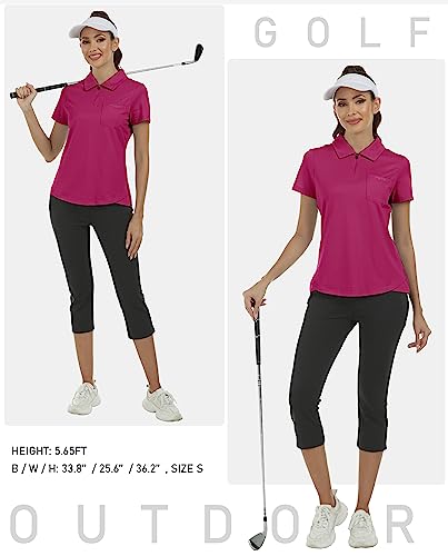MoFiz Ladies Golf Polo Shirts Short Sleeve Cotton Tennis Work Golf Top Casual Sports T-Shirt with 1/4 Zipper Rose-red Size M - Image 6