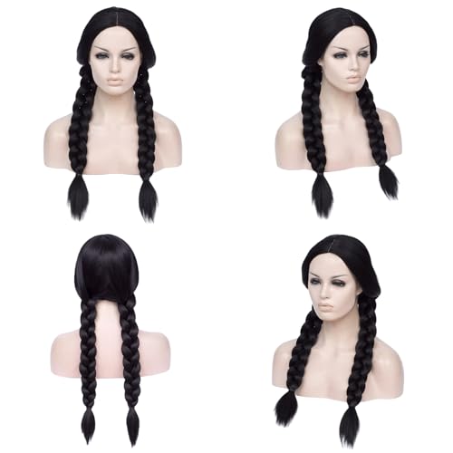 Image of Cying Lin 28 inch Long Double Braid Wigs Costume Black Wigs for Women Cosplay Party Halloween Wig Include Wig Cap