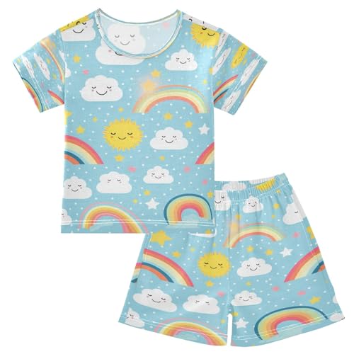 Blue Rainbow Sun Cloud Kids Pjs Set Boys Girls Summer Short-Sleeve Sleepwear Pajamas 2PCS