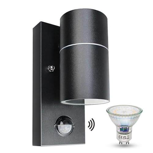 Preisvergleich Produktbild Wondlumi Außenlampe mit Bewegungsmelder GU10 Modern Außenleuchte Schwarz Matt IP44 LED Wandleuchte Aussen 230V inkl.1x 5W GU10 Warmweiß Glühbirne