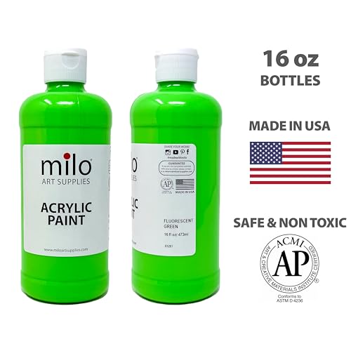 Image of milo Fluorescent Acrylic Paint Set, 6 Neon UV Colors, 16 oz Bottles | Glows in Black Light, AP Certified Non-Toxic, Made in USA, Arts & Crafts Paints for Artists, Student, Hobby Painters, Mixable