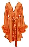 Yexinbridal Women's Feather Robe Fur Trim Silky Chiffon Sheer Sexy Illusion Lingerie Nightgown Sleep