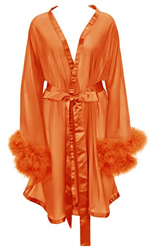 Yexinbridal Women's Feather Robe Fur Trim Silky Chiffon Sheer Sexy Illusion Lingerie Nightgown Sleepwear Bridal Wedding Day Orange L/Xl #TOP23