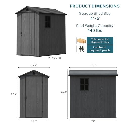 Image of Greesum 4x6FT Plastic Outdoor Storage Shed with Floor, Dark Gray | All-Weather Resin Sheds with Lockable Door, Tool Shed with Window & Multiple Vents, Easy Assembly for Yard, Patio, Garden