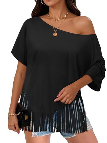 MYMORE Women's Off The Shoulder Fringe Tops Oversized T-Shirt Short Sleeve Western Cowgirl Cowboy Top Country Concert Outfit