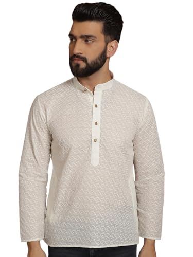 Image of SOJANYA (Since 1958 Men's Cream Pure Chicken Cotton Short Kurta