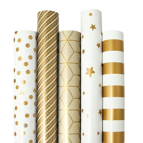 Pmueuff 5 Papier Cadeau Rouleau, Papier Cadeau 43cm x 3M Rouleaux de Papier d'Emballage Doré Rouleaux de Papiar Cadeau pour Anniversaires, Noël, Mariages, Fêtes, Décorations de Cadeaux de Festival