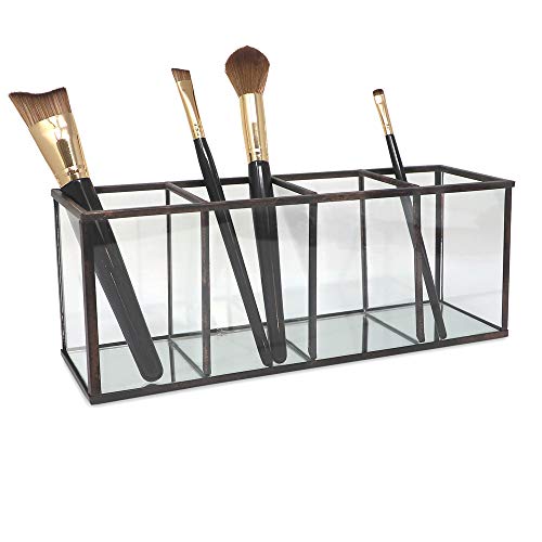 Isaac Jacobs 4-Compartment Organizer- Makeup Brush Holder- Vintage Style Brass And Glass Storage Solution With Mirror Base- Office, Bathroom, Kitchen Supplies And More (Antique Bronze) #TOP3