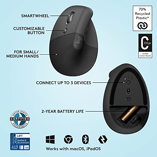 Logitech Lift Vertical Ergonomic Mouse, Left-Handed, Wireless, Bluetooth Or Logi Bolt Usb, Quiet Clicks, 4 Buttons, Compatible With Windows/Macos/Ipados, Laptop, Pc - Graphite #TOP5