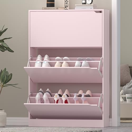 Image of Shoe Storage Cabinet for Entryway, Pink Shoe Cabinet with 3 Flip Drawers, Hidden Shoes Rack Freestanding Storage Organizer for Entryway,Closet, Living Room,Hallway 47.24 inchH x 31.50 inchW x 9.44 inchD