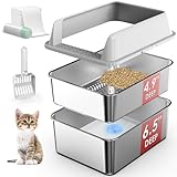 Stainless Steel Litter Box with Lid, Sifting Litter Box for Pine Pellets, 17.3”×13.4”×10.5” Enclosed Metal Litter Boxes for Small Cats & Kittens, High Sided Anti-Leakage, Easy Cleaning, Less Tracking
