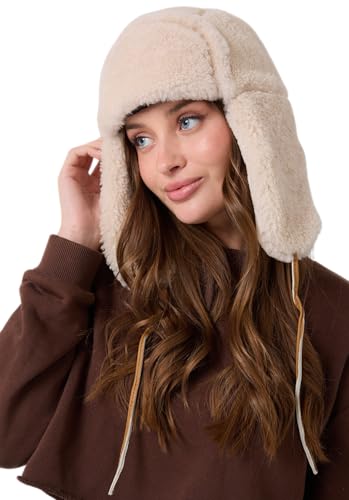 Image of Leather Aviator Shearling Ushanka Trapper Hat Russian Sheepskin Cap Real Fur Winter Hat with Ear Flaps for Men Women