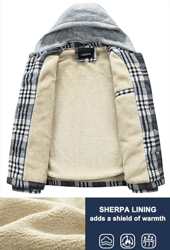 Image of LOUECHY Men's Fleece Lined Flannel Shirt Jacket Plaid Button Down Shirts Jacket with Removable Hood