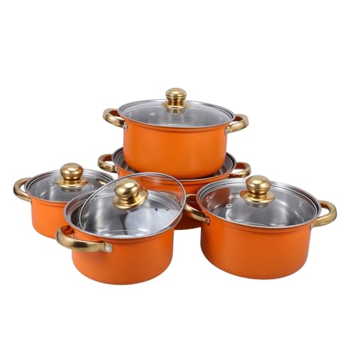 LABRIMP 5 juegos Ollas y Sartenes de Acero Inoxidable con Asas Ergonómicas Resistentes al Calor y Tapas de Vidrio Base Gruesa para Inducción Cocinas Eléctricas y Gas Fácil Limpieza y