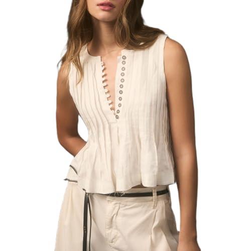 Women Y2K Babydoll Ruffle Tank Top Linen Front Button Pleated Peplum Vest Flowy Coquette Cropped Shirt Cute Blouse Summer