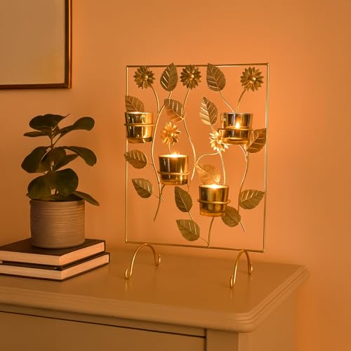 Image of MARKET 99 Metal 4 Votive T- Light Holder | Elegant Home Decor For Diwali, Christmas, Birthday, and Wedding | Decorative Candle Holder for Ideal for Festive & Ambient Lighting | Golden