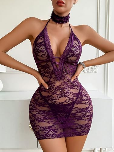Image of Avidlove Women Babydoll Lingerie Lace Chemise Halter Nightwear Teddy Dress