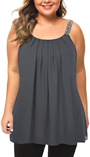 MANER Plus Size Tank Tops for Women Casual Pleated Chiffon Cami with Beaded Strap Blouses (Gray, XXL/US 18-20)
