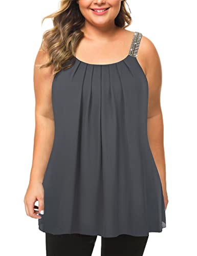 Maner Plus Size Tank Tops For Women Casual Pleated Chiffon Cami With Beaded Strap Blouses (Gray, Xxl/Us 18-20) #TOP7