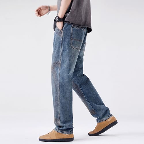 Men’s Baggy Jeans Wide Leg Elastic Cuff Denim Pants with Geometric Cross Stitch Detail Vintage Washed Finish3