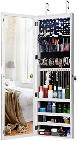 LANGRIA 8 LEDs Mirror Jewelry Cabinet Lockable Wall/Door Mounted Armoire with 3D Magnetic Sea Picture