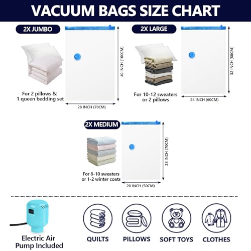 Image of Vacuum Seal Bags for Clothing with Electric Pump, 6 Pack (2 Jumbo 2 Large 2 Medium Vacuum Storage Bags) Space Bags Vaccine Vacuum Sealed Storage Bags for Travel Luggage Blankets Bedding