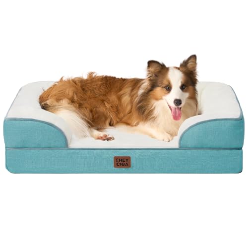 Image of EHEYCIGA Orthopedic Dog Beds for Large Dogs, Waterproof Memory Foam Large Dog Bed with Sides, Non-Slip Bottom and Egg-Crate Foam Pet Couch Bed with Washable Removable Cover, Turquoise Blue