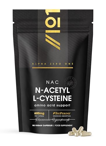 N-Acetyl L-Cysteine 600mg with BioPerine® – 90 Vegan Capsules – Vegan Fermented Amino Acid – Resealable and Recyclable Pouch by Alpha01