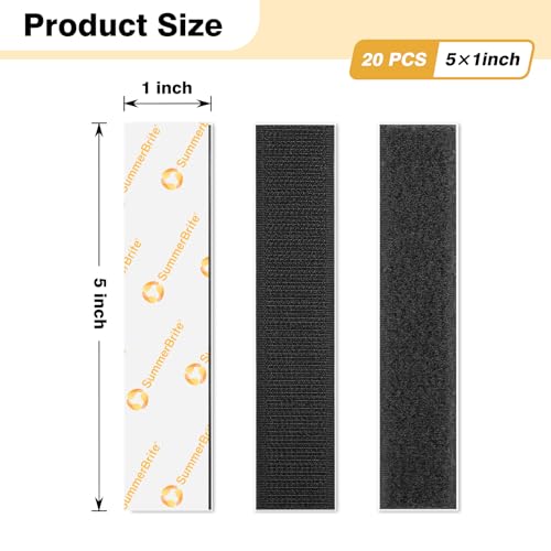Image of SummerBrite 20 Pairs Heavy Duty Hook and Loop Strips with Adhesive, 1 x 5 Inch Industrial Strength Sticky Back Fasteners, Double Sided Mounting Tape for Walls & Home, Black