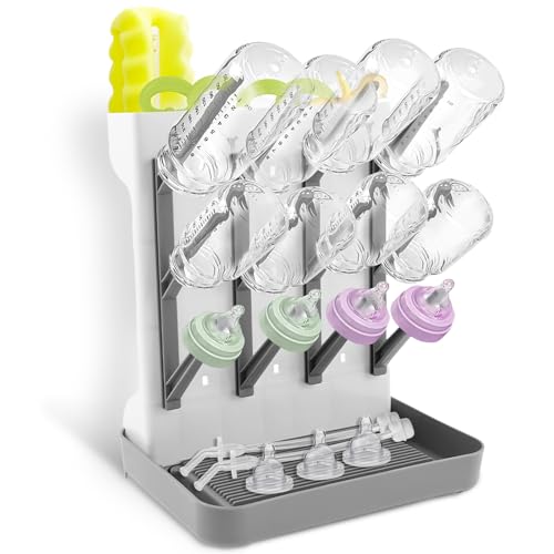 Sesaver Baby Bottle Dryer Rack Plastic Vertical Standing Baby Bottle Holder Space Saving Countertop Standing Dish Holder Holds Up to 12 Bottles for Newborn Feeding Essentials (Grey)