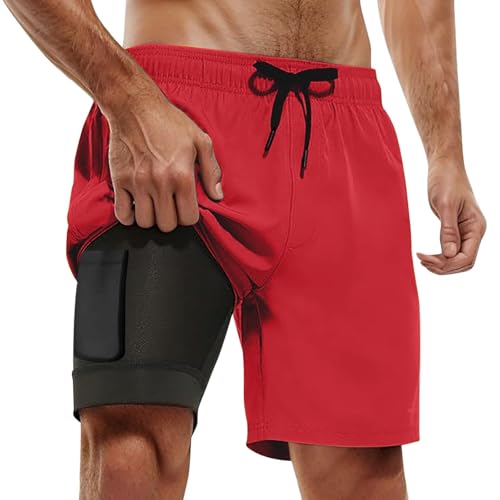 QJDFLL 2026 Maillot de Bain pour Homme avec Doublure Compression et Short Poches(Rouge,M)