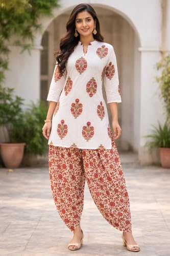 Image of Women's Cotton Floral Print Kurta Patiala Pant Set, White and Purple Traditional Indian Ethnic Wear with Damask Pattern