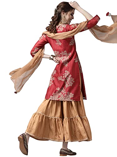 Image of INDO ERA Women's Poly Chanderi Printed Straight Kurta Sharara With Dupatta Set(21AAA2370)