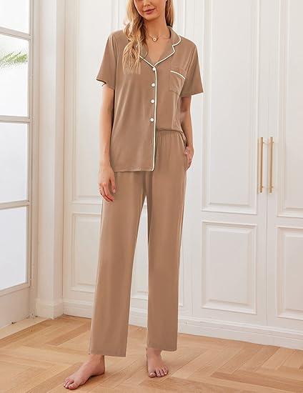 Image of Ekouaer 2 Pack:Womens Pajamas Short Sleeve Pjs Notch Collar Button Up Loungewear Cozy Sleepwear Sets