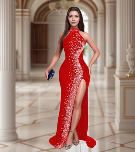 Image of Jigfar Women Sexy Elegant Rhinestone Mesh See Through Party Club Night Split Bodycon Formal Maxi Dress